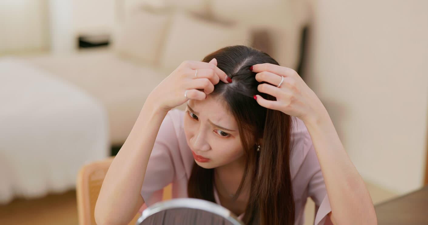 Mulher em frente ao espelho, preocupada ao perceber a queda de cabelo.